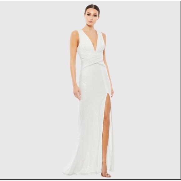 NWT MAC DUGGAL V-NECK SEQUIN‎ WRAP WAIST GOWN WHITE26598 Sz 6 $398 - Picture 1 of 6